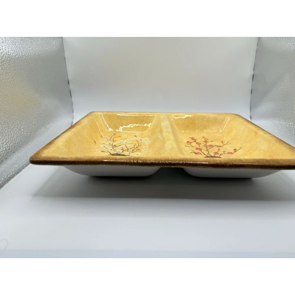 222 Fifth Gold Earth Tones Stoneware Floral Divided Relish Tray or Decor 12x9